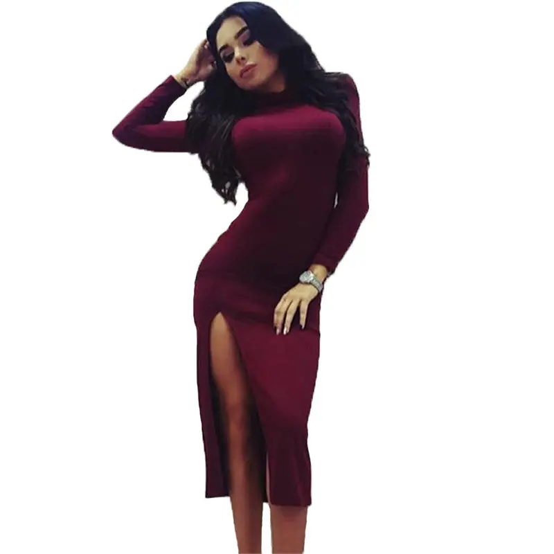 Sexy Turtleneck High Slit Women Dress Robe Long Sleeve Wrap Bodycon Dress High Neck Midi Dresses For Women 4
