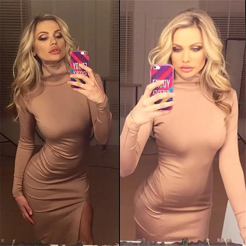 Sexy Turtleneck High Slit Women Dress Robe Long Sleeve Wrap Bodycon Dress High Neck Midi Dresses For Women 5