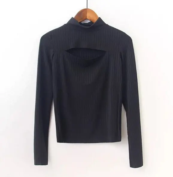 Sexy Turtleneck Hollow Out Front Slit Tee Women Tight Knitted Long Sleeve Tee Short Top T-Shirt 1