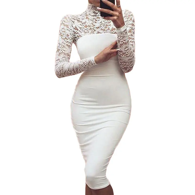 Sexy Turtleneck Women Dress Lace Patchwork Midi Dresses Elegant Solid Bodycon Club Party Wear Vestidos M0673 10