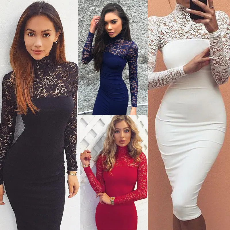 Sexy Turtleneck Women Dress Lace Patchwork Midi Dresses Elegant Solid Bodycon Club Party Wear Vestidos M0673 10