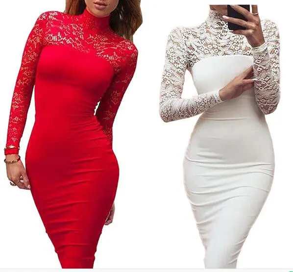 Sexy Turtleneck Women Dress Lace Patchwork Midi Dresses Elegant Solid Bodycon Club Party Wear Vestidos M0673 5