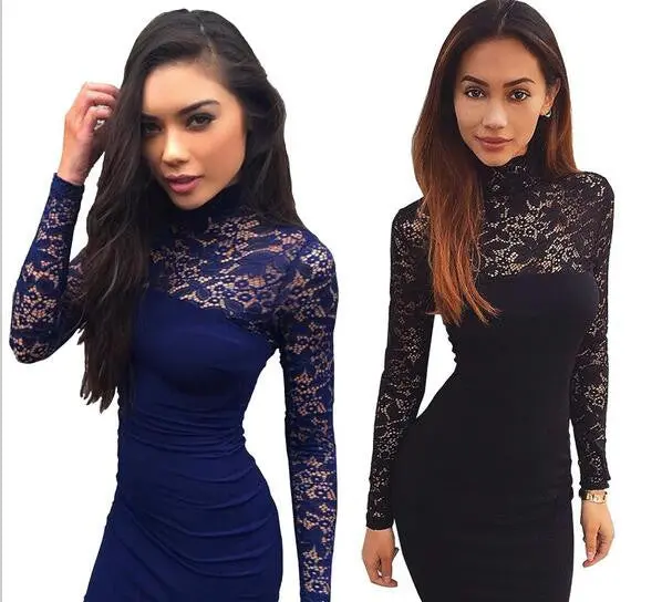 Sexy Turtleneck Women Dress Lace Patchwork Midi Dresses Elegant Solid Bodycon Club Party Wear Vestidos M0673 7