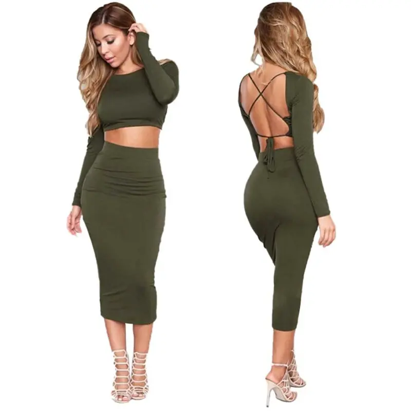 Sexy Two Pieces Set Elegant Women Dress Backless Bandage Bodycon Dress Solid Backless Rompers 1