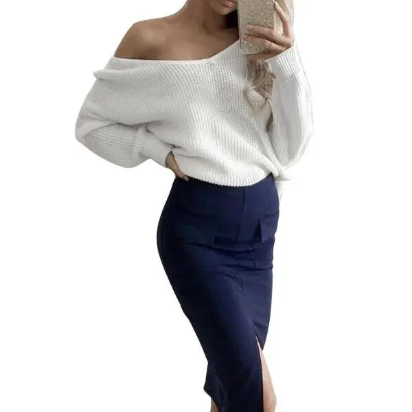 Sexy V-Neck Knitted Jumper Women Long Sleeve Sweater Shirts Loose Off Shoulder Office Pullovers Tops White M0552 2