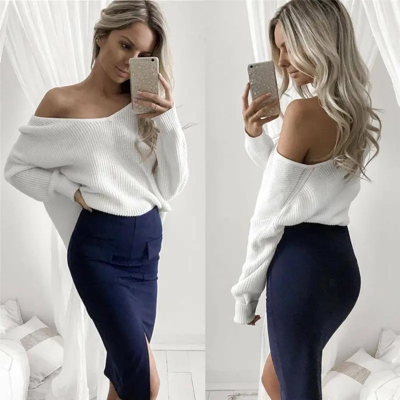 Sexy V-Neck Knitted Jumper Women Long Sleeve Sweater Shirts Loose Off Shoulder Office Pullovers Tops White M0552 3