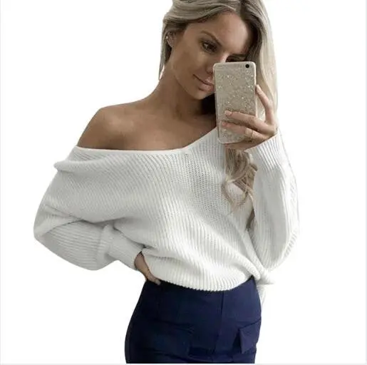 Sexy V-Neck Knitted Jumper Women Long Sleeve Sweater Shirts Loose Off Shoulder Office Pullovers Tops White M0552 4