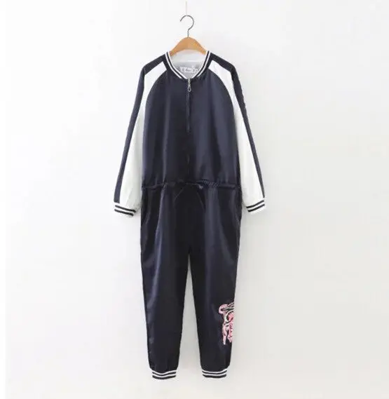 Sexy V Neck Long Sleeve Long Pants Satin Embroidery Jumpsuit Contrast Color Sleeve Rompers Playsuits Overalls 1