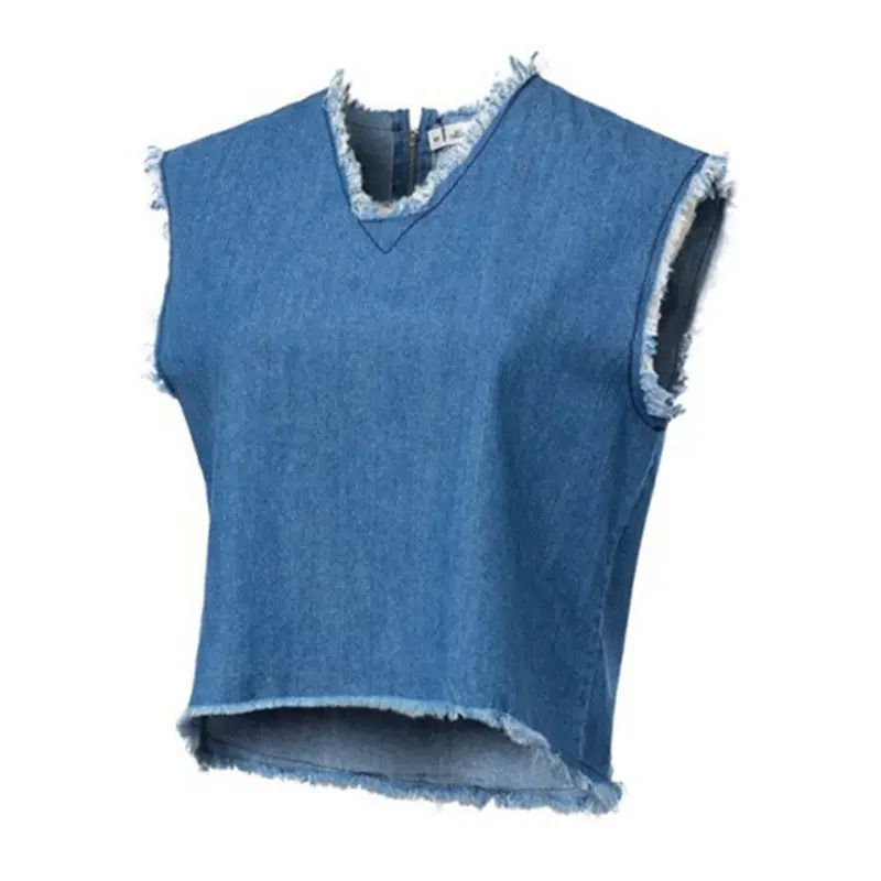 Sexy V Neck Tassel Hem Denim Short Tanks Women Vintage Zipper Back Sleeveless Short Crop Top Vest Tops 1