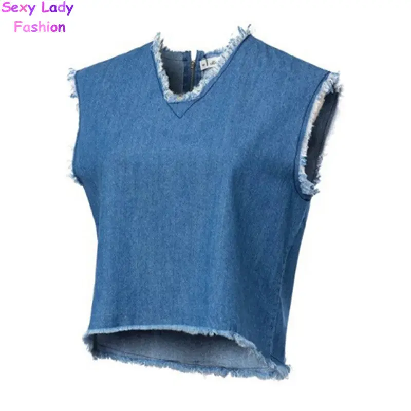 Sexy V Neck Tassel Hem Denim Short Tanks Women Vintage Zipper Back Sleeveless Short Crop Top Vest Tops 2