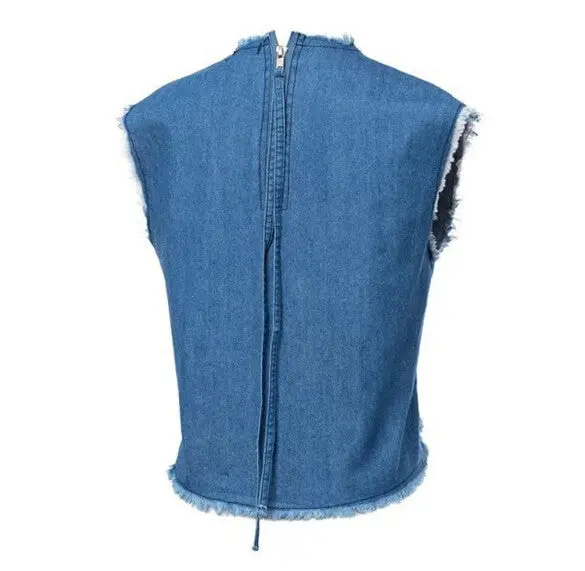 Sexy V Neck Tassel Hem Denim Short Tanks Women Vintage Zipper Back Sleeveless Short Crop Top Vest Tops 3