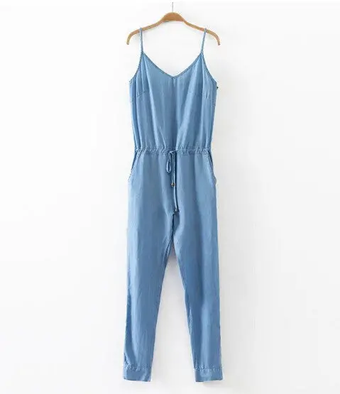 Sexy V Neck Thin Denim Jumpsuit Back Elastic Sling Slim Fit Full Length Rompers Playsuits Overalls Blue 1