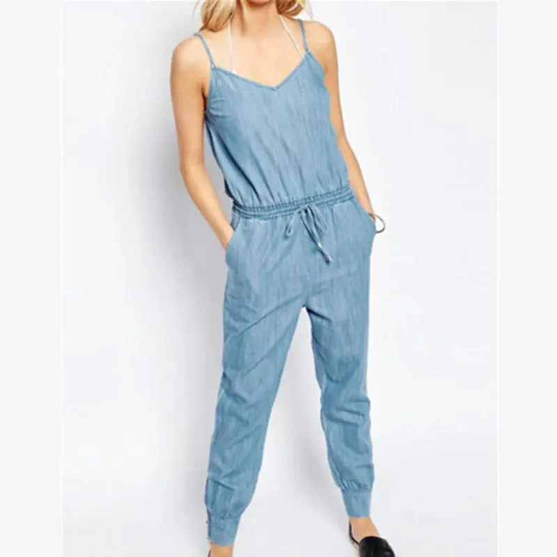 Sexy V Neck Thin Denim Jumpsuit Back Elastic Sling Slim Fit Full Length Rompers Playsuits Overalls Blue 2