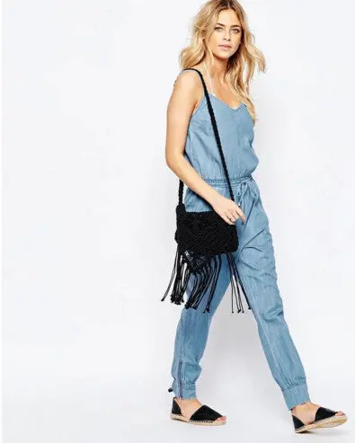 Sexy V Neck Thin Denim Jumpsuit Back Elastic Sling Slim Fit Full Length Rompers Playsuits Overalls Blue 3