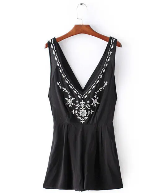 Sexy V Neck White Embroidery Floral Jumpsuit Women Off Shoulder Short Pants Romper Overalls Black S M L 1