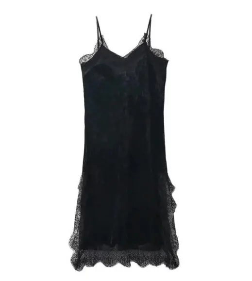 Sexy Velvet Lace Stitching Strappy V Neck Strap Dress Woman Vestido De Festa Curto Robe Jurken Dresses Black Green 1
