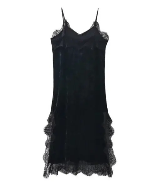 Sexy Velvet Lace Stitching Strappy V Neck Strap Dress Woman Vestido De Festa Curto Robe Jurken Dresses Black Green 6