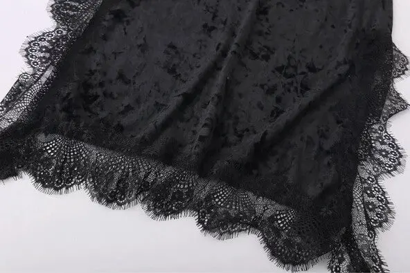 Sexy Velvet Lace Stitching Strappy V Neck Strap Dress Woman Vestido De Festa Curto Robe Jurken Dresses Black Green 8