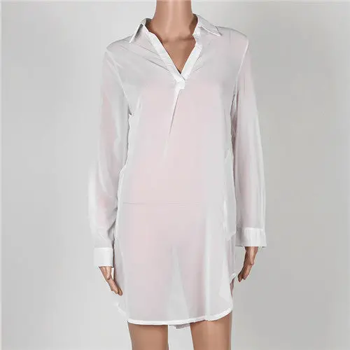 Sexy White Long Chiffon Shirts Women Turn-Down Collar Ladies Blouse Irregular Blusas Femininos Plus Size Top Shirt 1