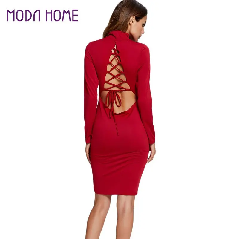 Sexy Women Back Hollow Out Dress Cross Strappy Bodycon Bandage Dress Cutout Turtle Neck Club Party Mini Dressd 4
