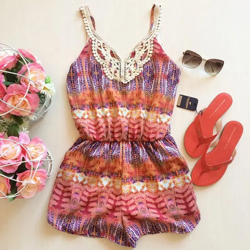 Sexy Women Backless Strap V Neck Lace Floral Rompers Bodysuit Jumpsuit Macacao Feminino Overalls 1