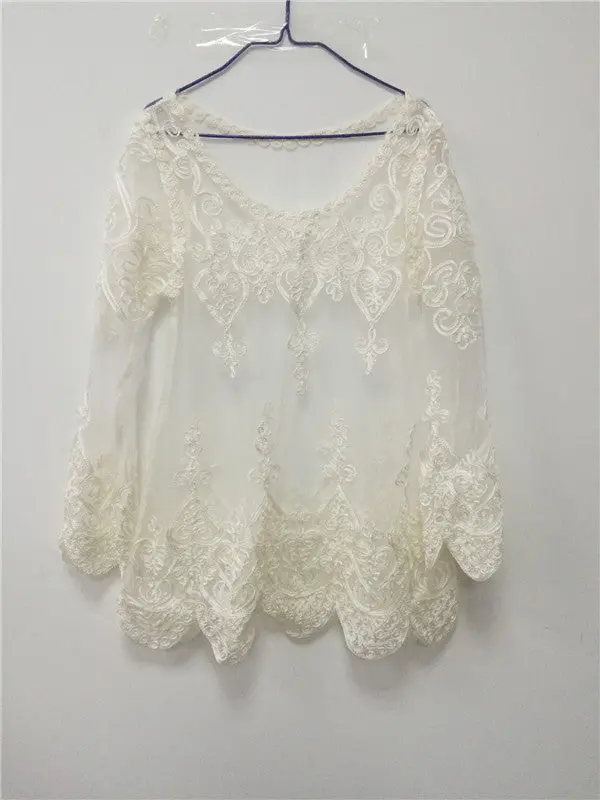 Sexy Women Blouses See-Through Crochet Lace Blouse Long Sleeve Beach Swimsuit Bikini Cover Up Embroidery Women Tops 1