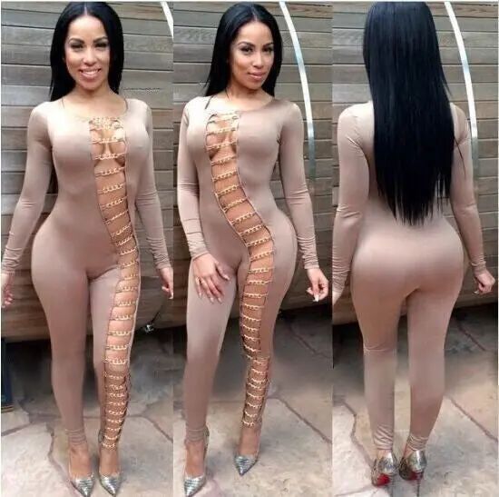 Sexy Women Bodycon Jumpsuit Hollow Out Night Club Party Women Jumpsuit Long Romper Chain Bandage Rompers Womens Jumpsuit Overall 4
