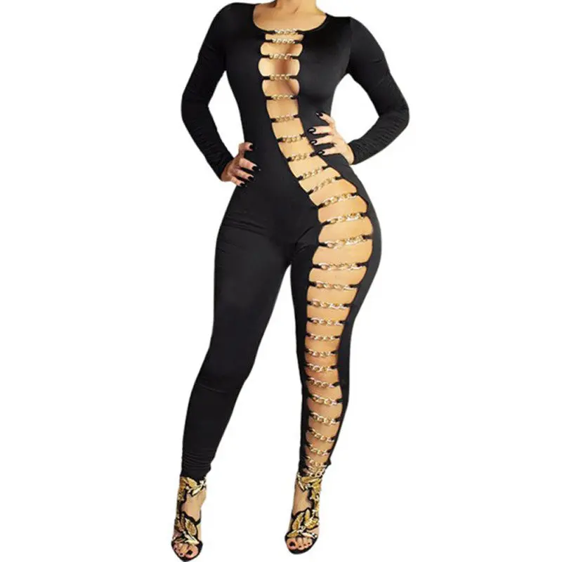 Sexy Women Bodycon Jumpsuit Hollow Out Night Club Party Women Jumpsuit Long Romper Chain Bandage Rompers Womens Jumpsuit Overall 4