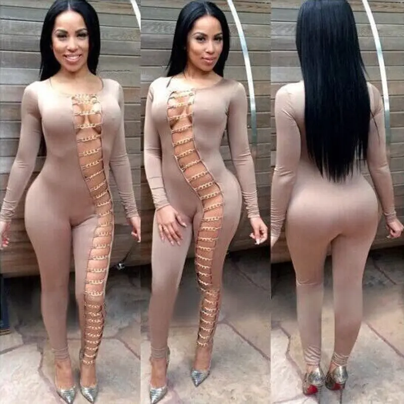 Sexy Women Bodycon Jumpsuit Hollow Out Night Club Party Women Jumpsuit Long Romper Chain Bandage Rompers Womens Jumpsuit Overall 6