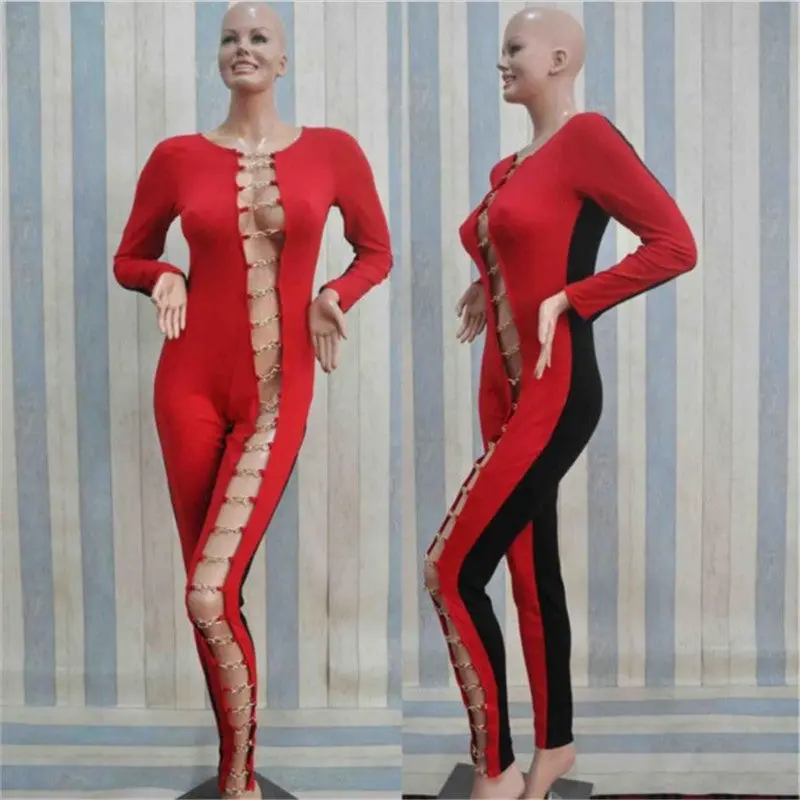 Sexy Women Bodycon Jumpsuit Hollow Out Night Club Party Women Jumpsuit Long Romper Chain Bandage Rompers Womens Jumpsuit Overall 7