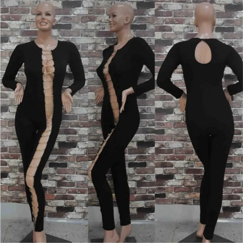 Sexy Women Bodycon Jumpsuit Hollow Out Night Club Party Women Jumpsuit Long Romper Chain Bandage Rompers Womens Jumpsuit Overall 8