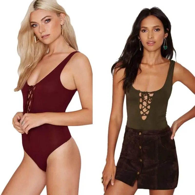 Sexy Women Bodysuit Plunge V Neckline Lace Up Tie Front Stretch Playsuit Leotard Jumpsuit Overalls Enteritos Mujer Club Wear 1