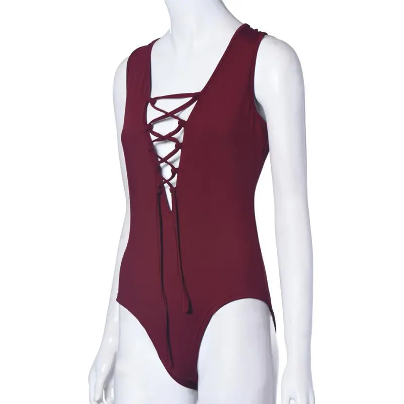 Sexy Women Bodysuit Plunge V Neckline Lace Up Tie Front Stretch Playsuit Leotard Jumpsuit Overalls Enteritos Mujer Club Wear 4