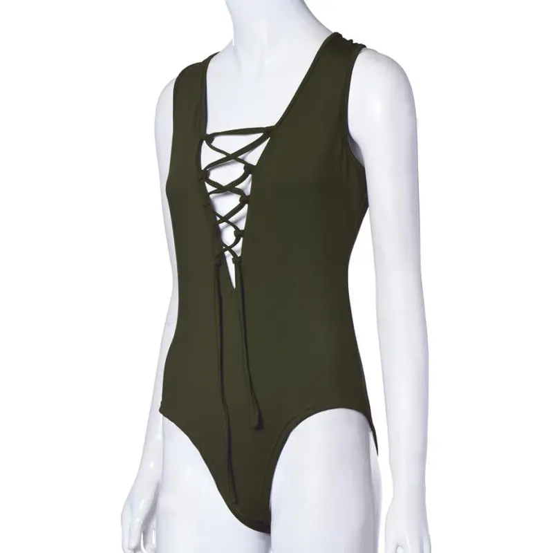 Sexy Women Bodysuit Plunge V Neckline Lace Up Tie Front Stretch Playsuit Leotard Jumpsuit Overalls Enteritos Mujer Club Wear 5