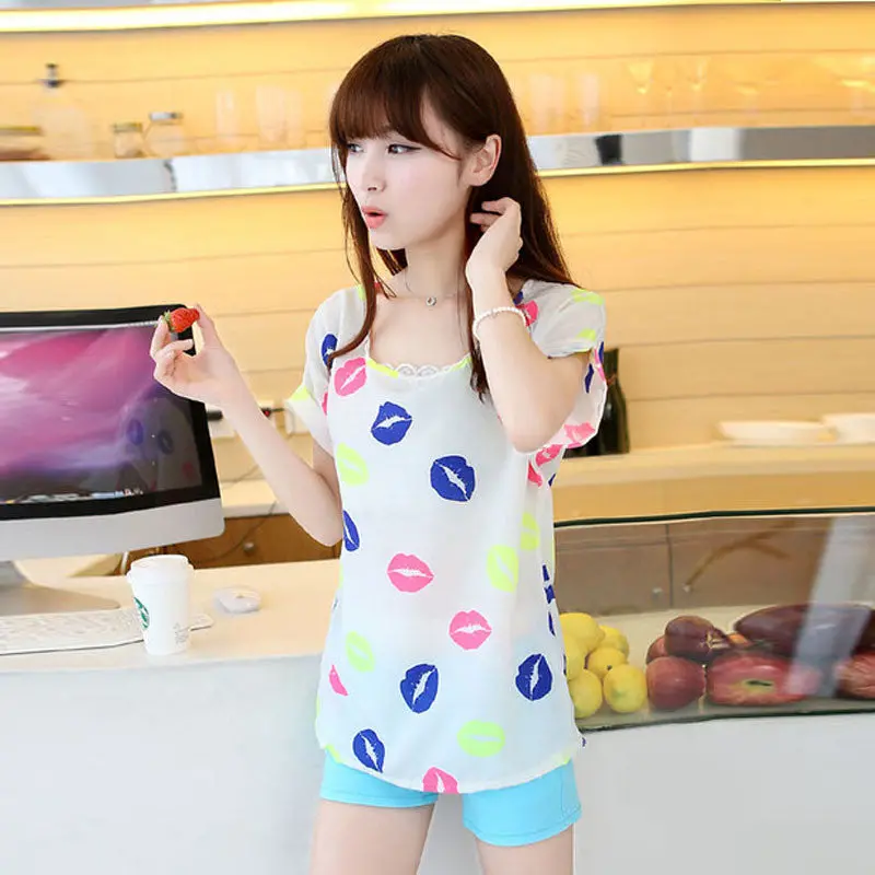 Sexy Women Casual Shirt Women Colorful Lips Print Chiffon Top Verao Plus Size Xxl Vestidos 1
