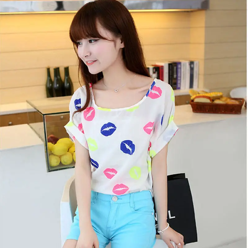 Sexy Women Casual Shirt Women Colorful Lips Print Chiffon Top Verao Plus Size Xxl Vestidos 2