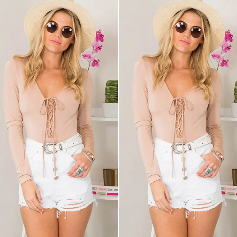 Sexy Women Cross Lace-Up Long Sleeve Tee T-Shirt Solid Crop Tops 9