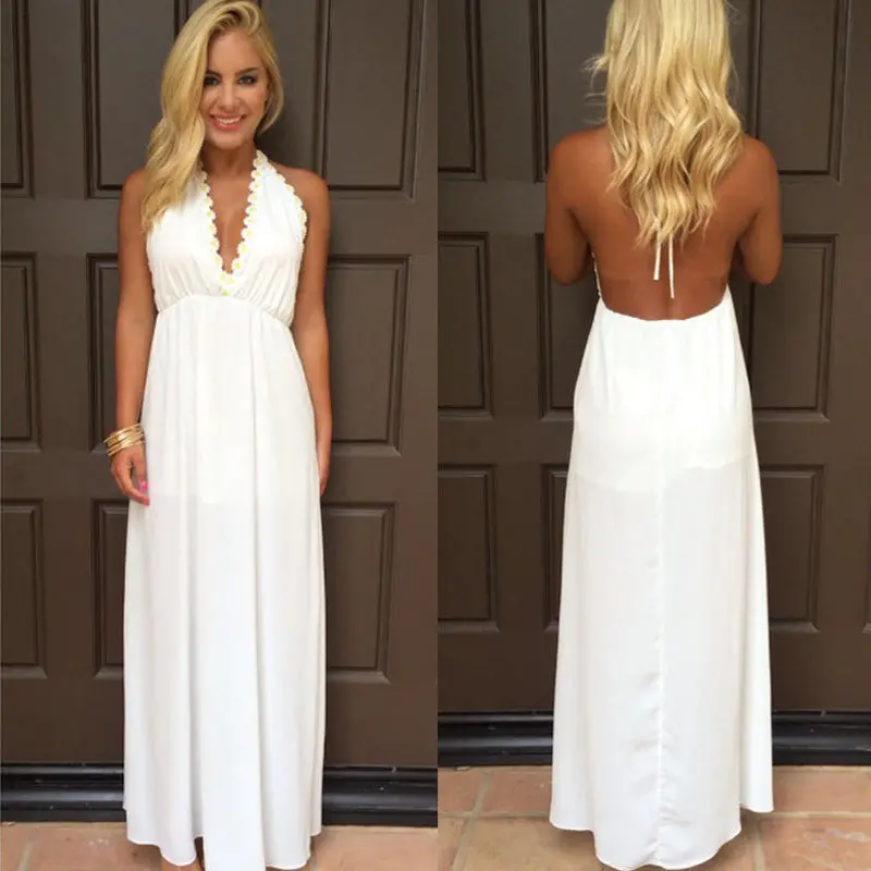 Sexy Women Floral V-Neck Sleeveless Chiffon Boho Long Maxi Dress Long Beach Sundress White Vestideo 1