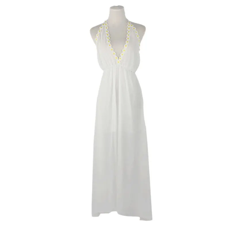 Sexy Women Floral V-Neck Sleeveless Chiffon Boho Long Maxi Dress Long Beach Sundress White Vestideo 3