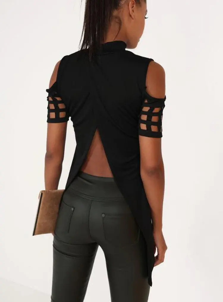 Sexy Women Hollow Out T-Shirt Short Sleeve Tee Shirts Irregular Split Top Long T Shirts Top Gv468 1