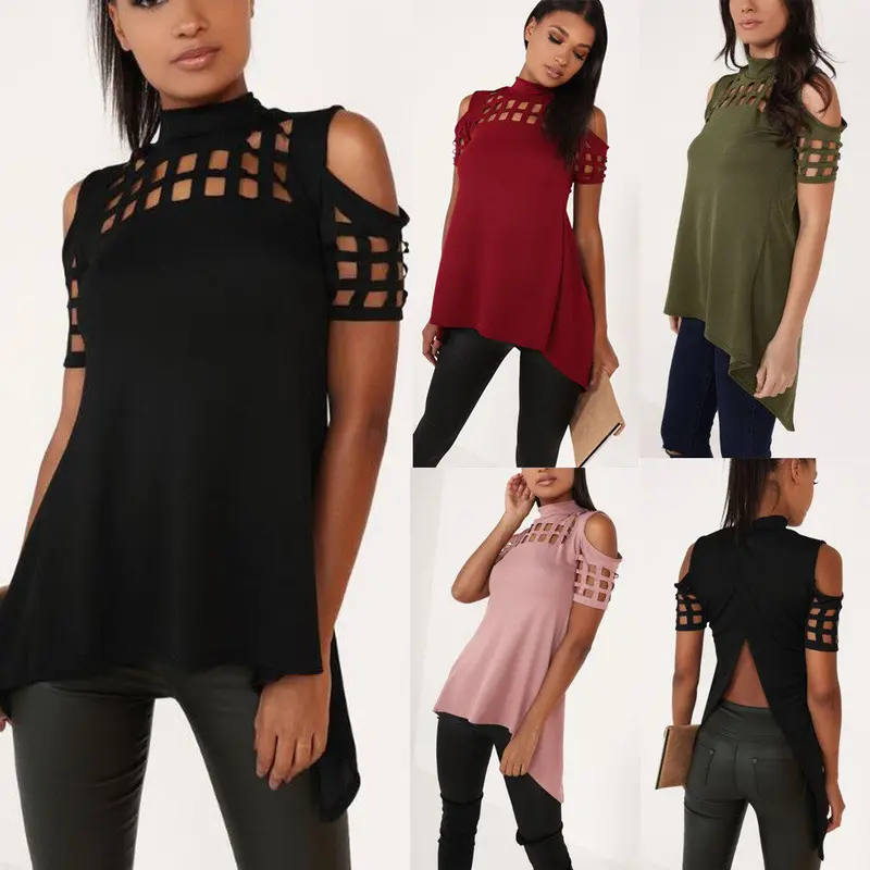 Sexy Women Hollow Out T-Shirt Short Sleeve Tee Shirts Irregular Split Top Long T Shirts Top Gv468 10