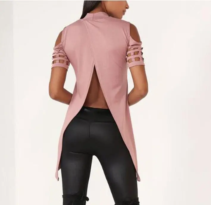 Sexy Women Hollow Out T-Shirt Short Sleeve Tee Shirts Irregular Split Top Long T Shirts Top Gv468 5