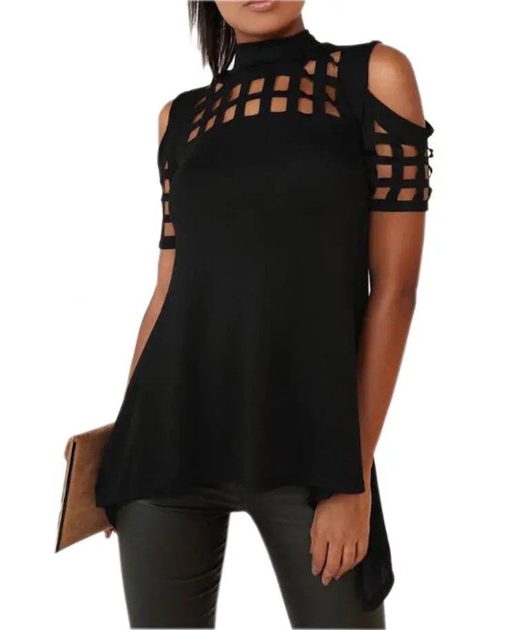 Sexy Women Hollow Out T-Shirt Short Sleeve Tee Shirts Irregular Split Top Long T Shirts Top Gv468 5