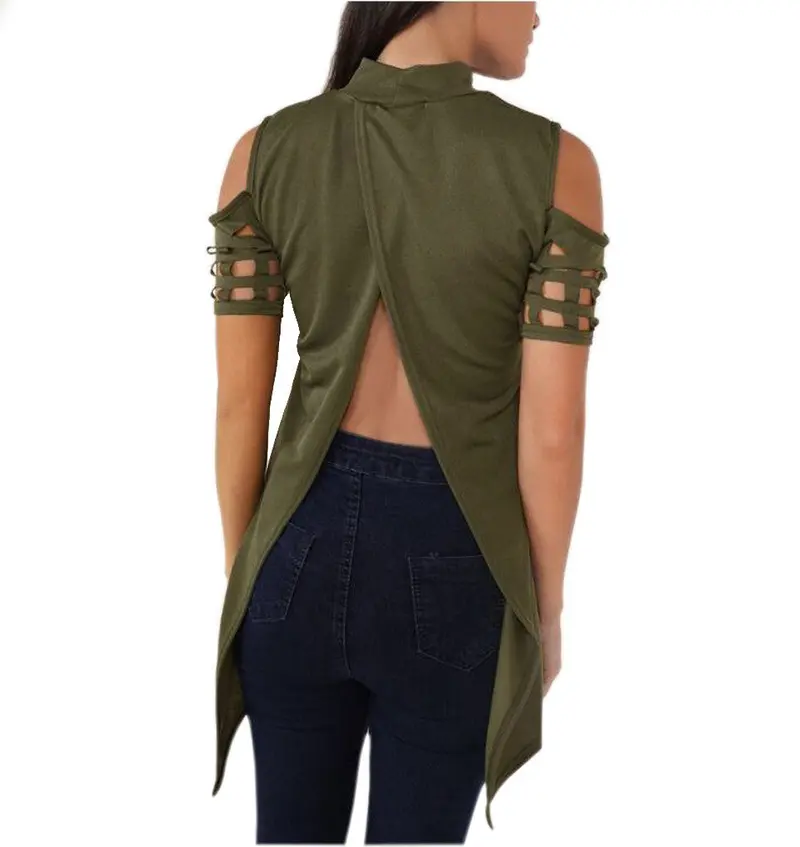 Sexy Women Hollow Out T-Shirt Short Sleeve Tee Shirts Irregular Split Top Long T Shirts Top Gv468 9