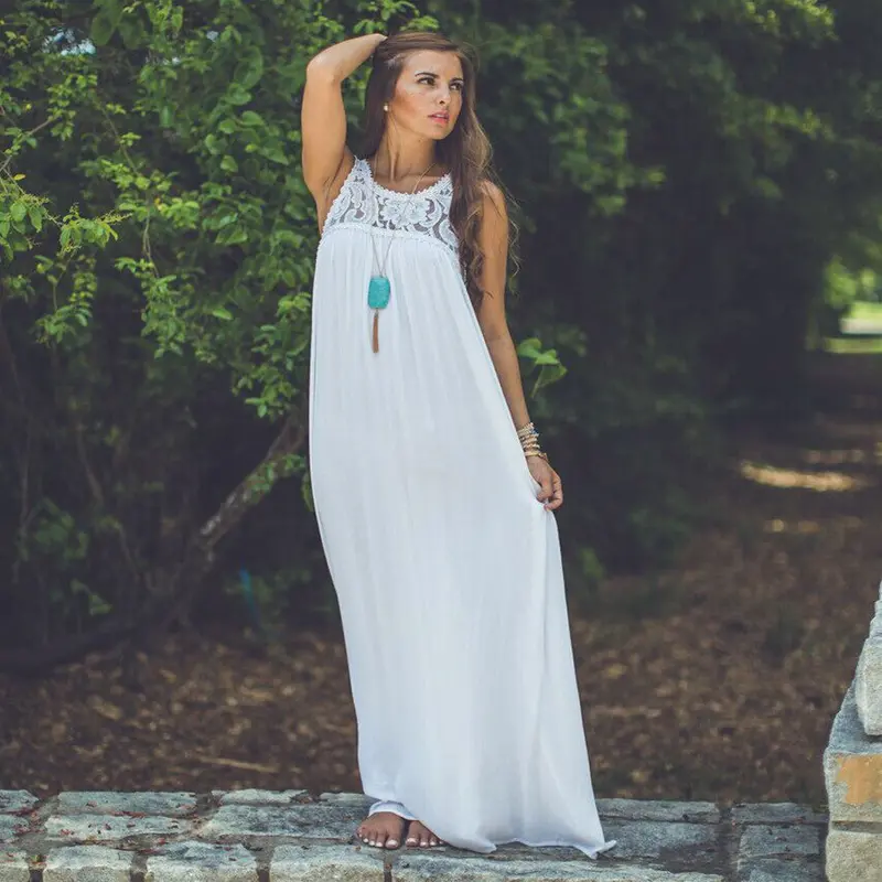 Sexy Women Lace Dress Floral Chiffon Sleeveless Boho Long Maxi Beach Dress Slim Party Vestido White Robe Mujer 1