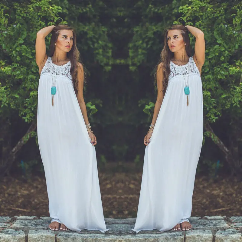 Sexy Women Lace Dress Floral Chiffon Sleeveless Boho Long Maxi Beach Dress Slim Party Vestido White Robe Mujer 2