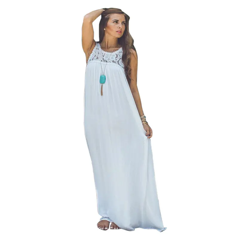 Sexy Women Lace Dress Floral Chiffon Sleeveless Boho Long Maxi Beach Dress Slim Party Vestido White Robe Mujer 3