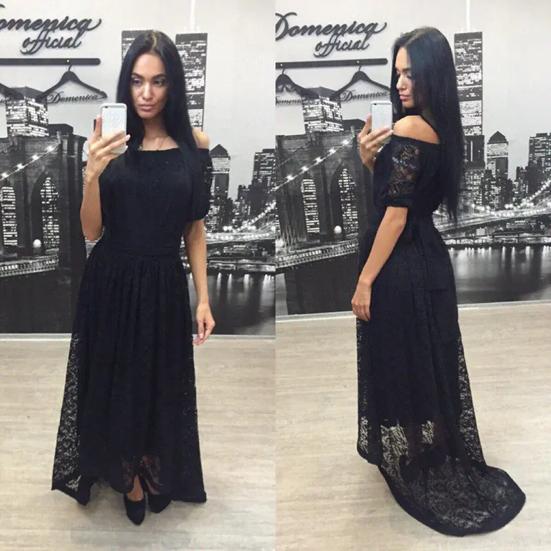 Sexy Women Lace Dresses Casual Cold Shoulder Half Sleeve Party Dress Maxi Dress Vestidos Black White Plus Size M0513 1