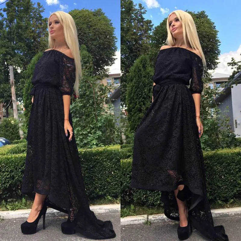 Sexy Women Lace Dresses Casual Cold Shoulder Half Sleeve Party Dress Maxi Dress Vestidos Black White Plus Size M0513 2