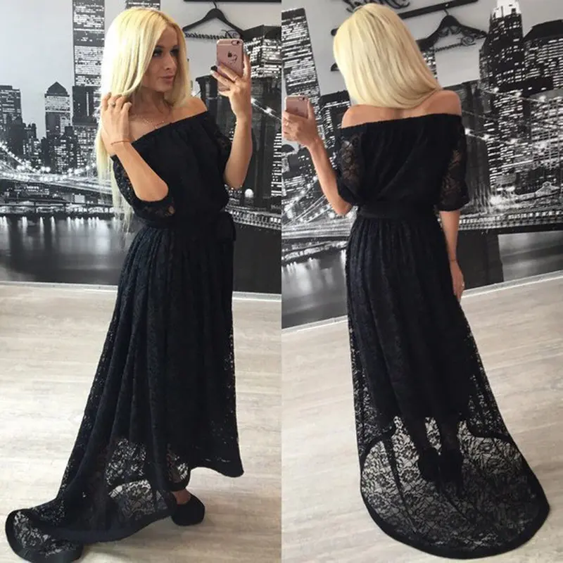 Sexy Women Lace Dresses Casual Cold Shoulder Half Sleeve Party Dress Maxi Dress Vestidos Black White Plus Size M0513 4